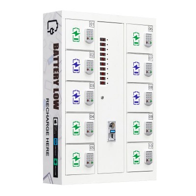 Wall mounted cell phone charging locker station kiosk with coin operated